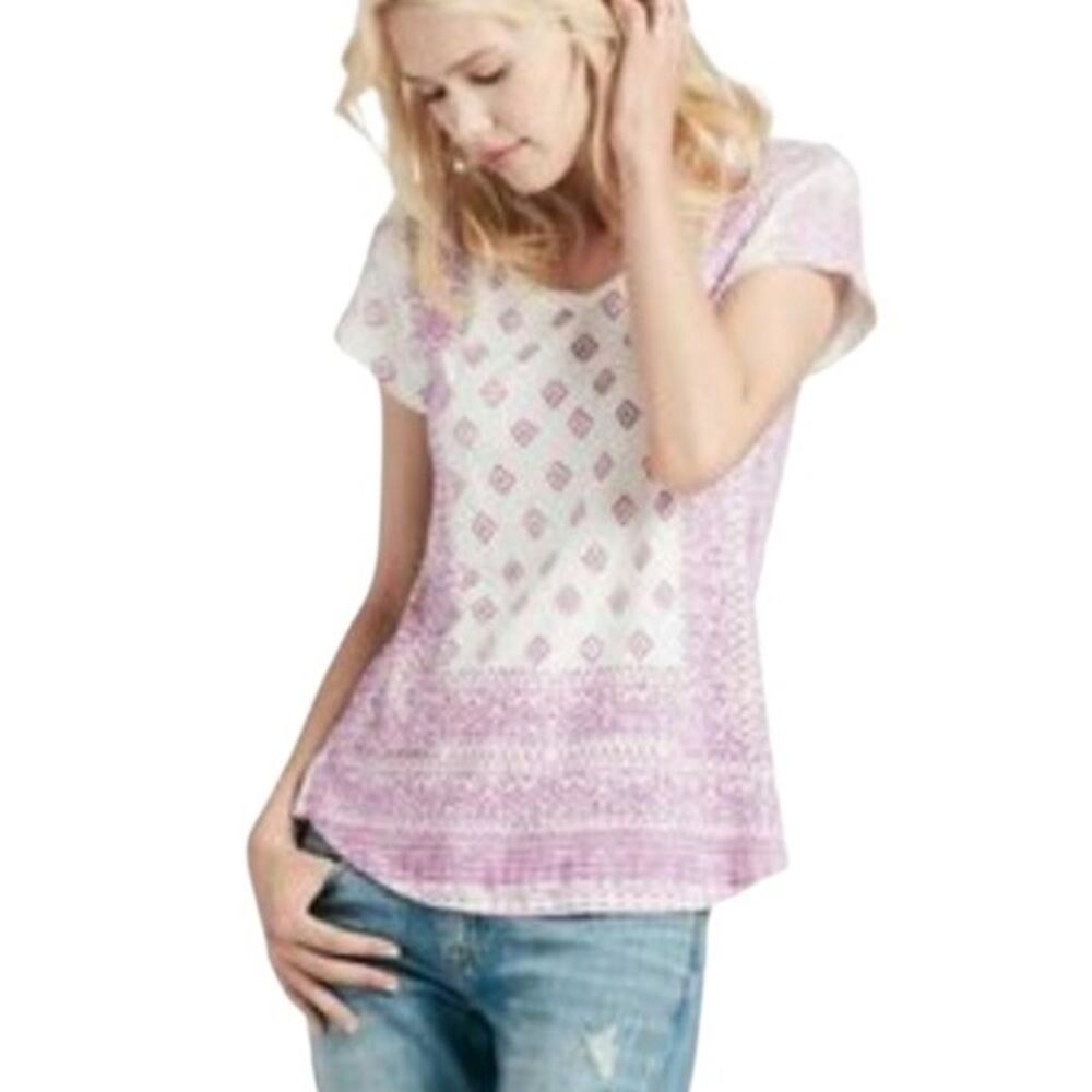 Lucky Brand Women's Pink White Geometric Print Linen Short Sleeve Top Shirt XS